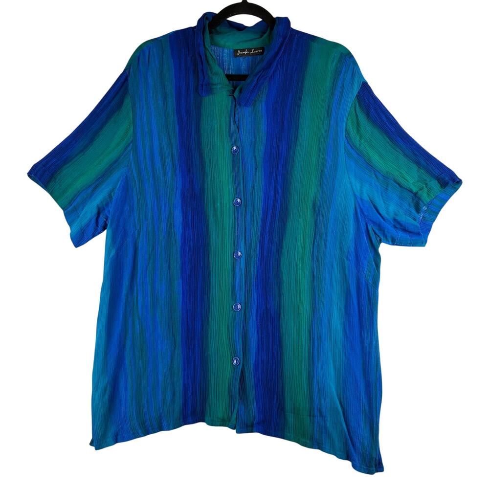 Jennifer Lauren Short Slv Button Up Blouse XL-2X Blue Gradient Lagenlook Artsy